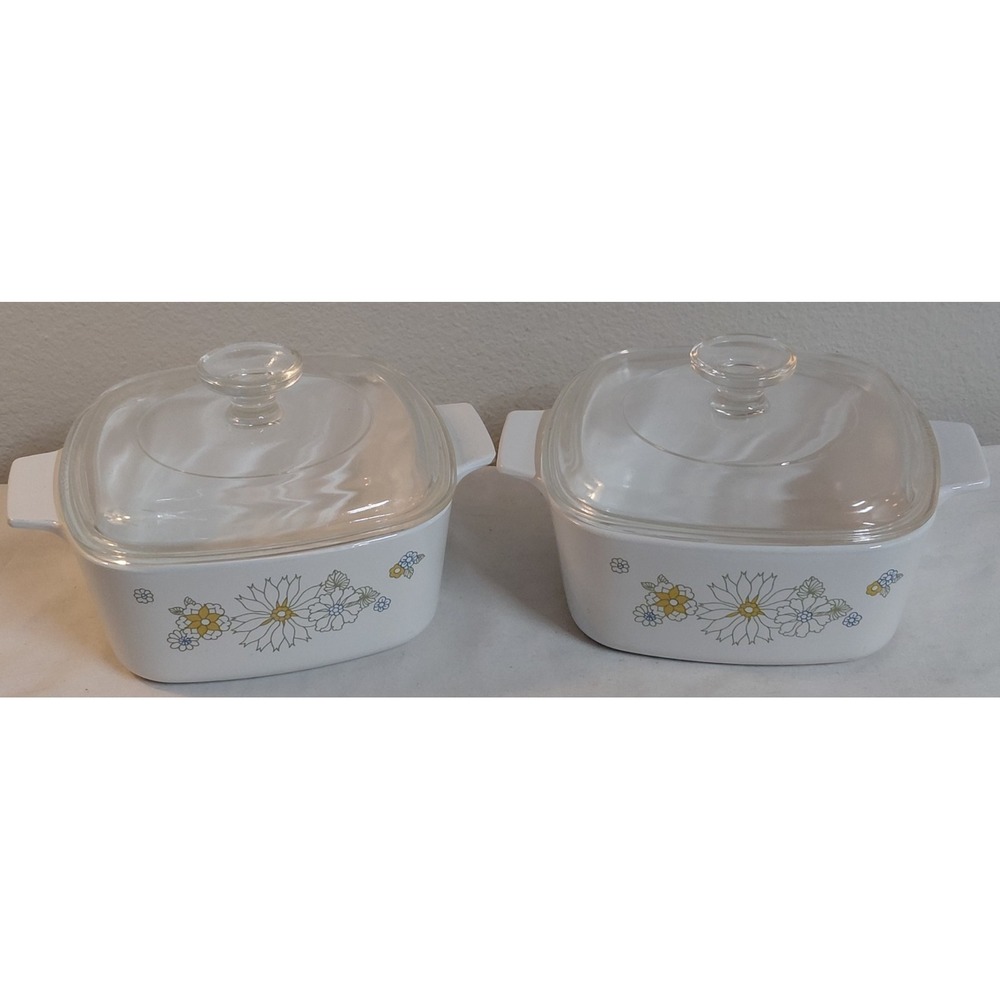 Vintage Corningware Floral Bouquet 1.5 Qt Casserole Dishes Glass Lids Set Of 2